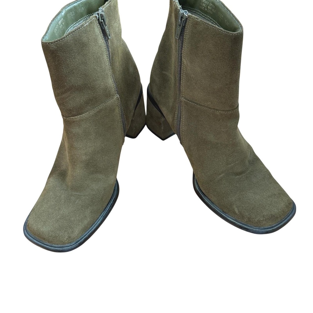 Vintage Olive Green Suede Square Toe Block Heel Ankle Boots Side‎ Zip Size